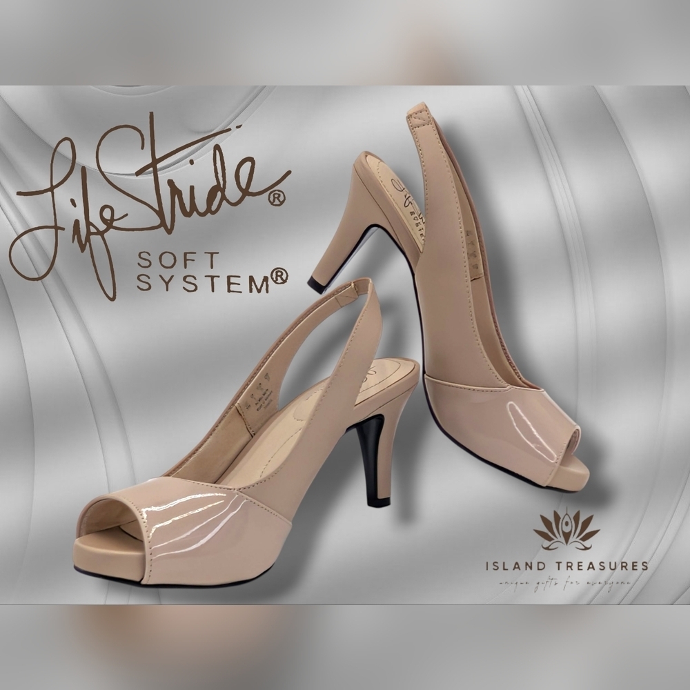 Life Stride Tannis Soft System Size 5M Taupe Patent Peep Toe Sling Back Heels